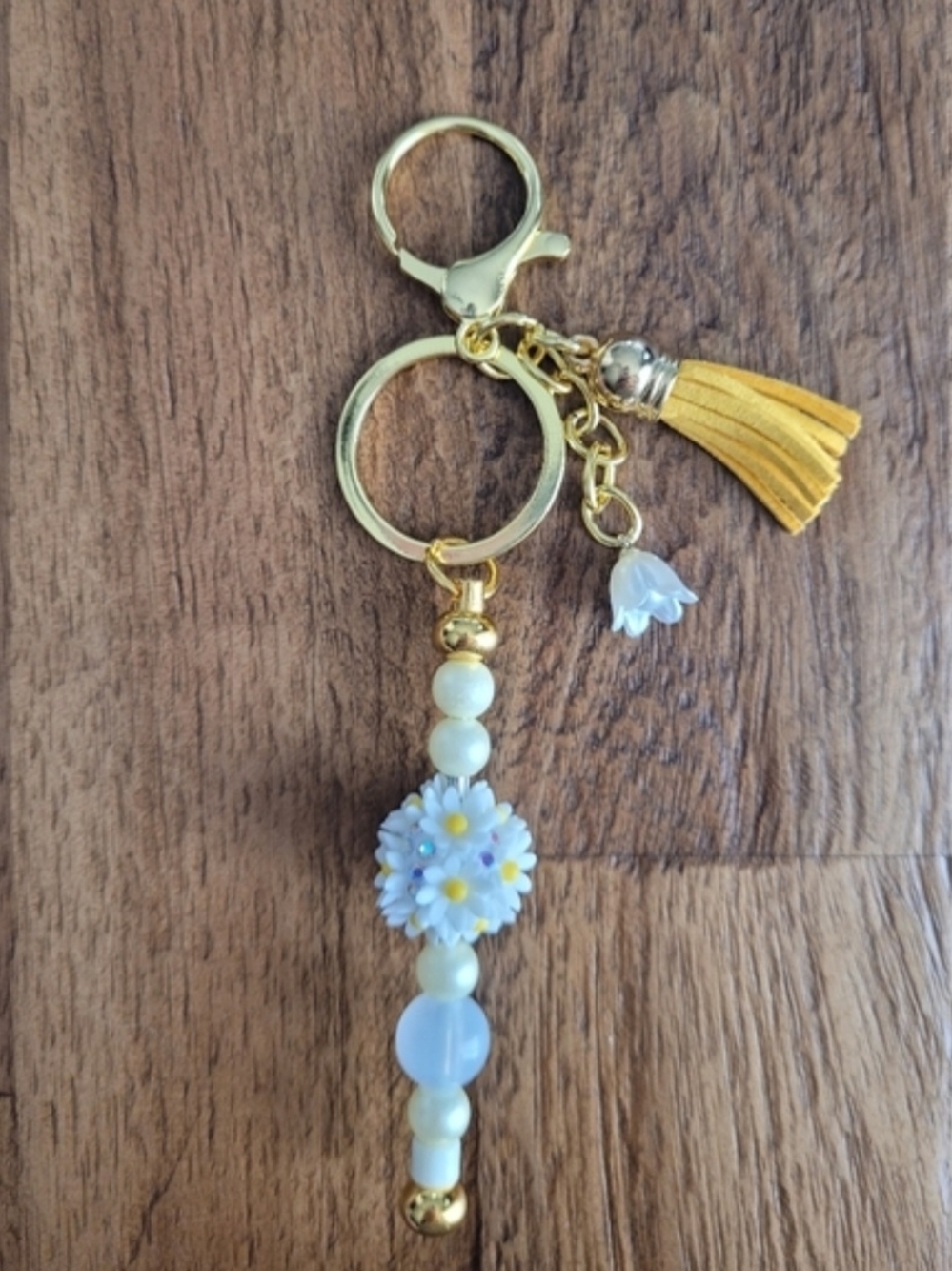 Gold Keyring Tassel & Blue Daisy Bead Charm Keychain / Purse Charm